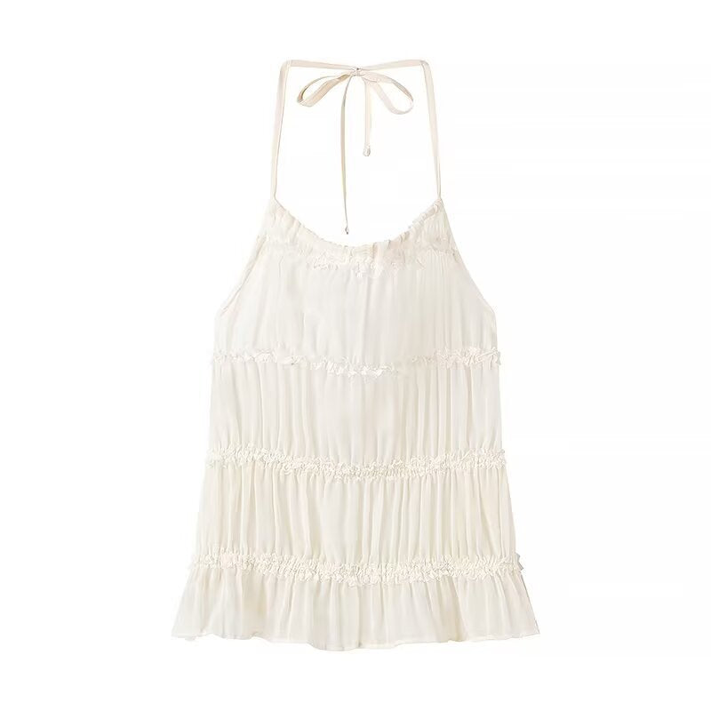 Two piece set of backless neck hanging suspender pleated long skirt