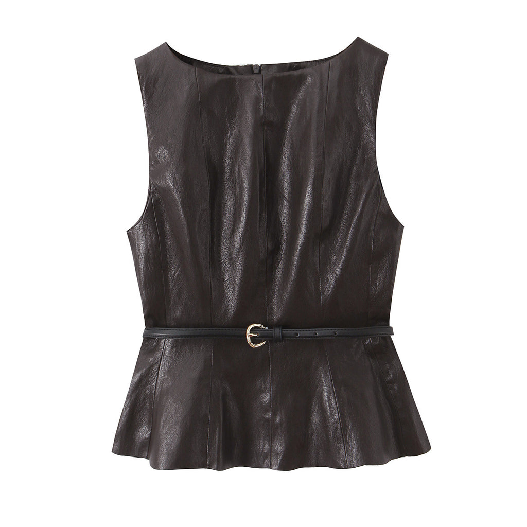 Leather top with belt and MIDI skirt set