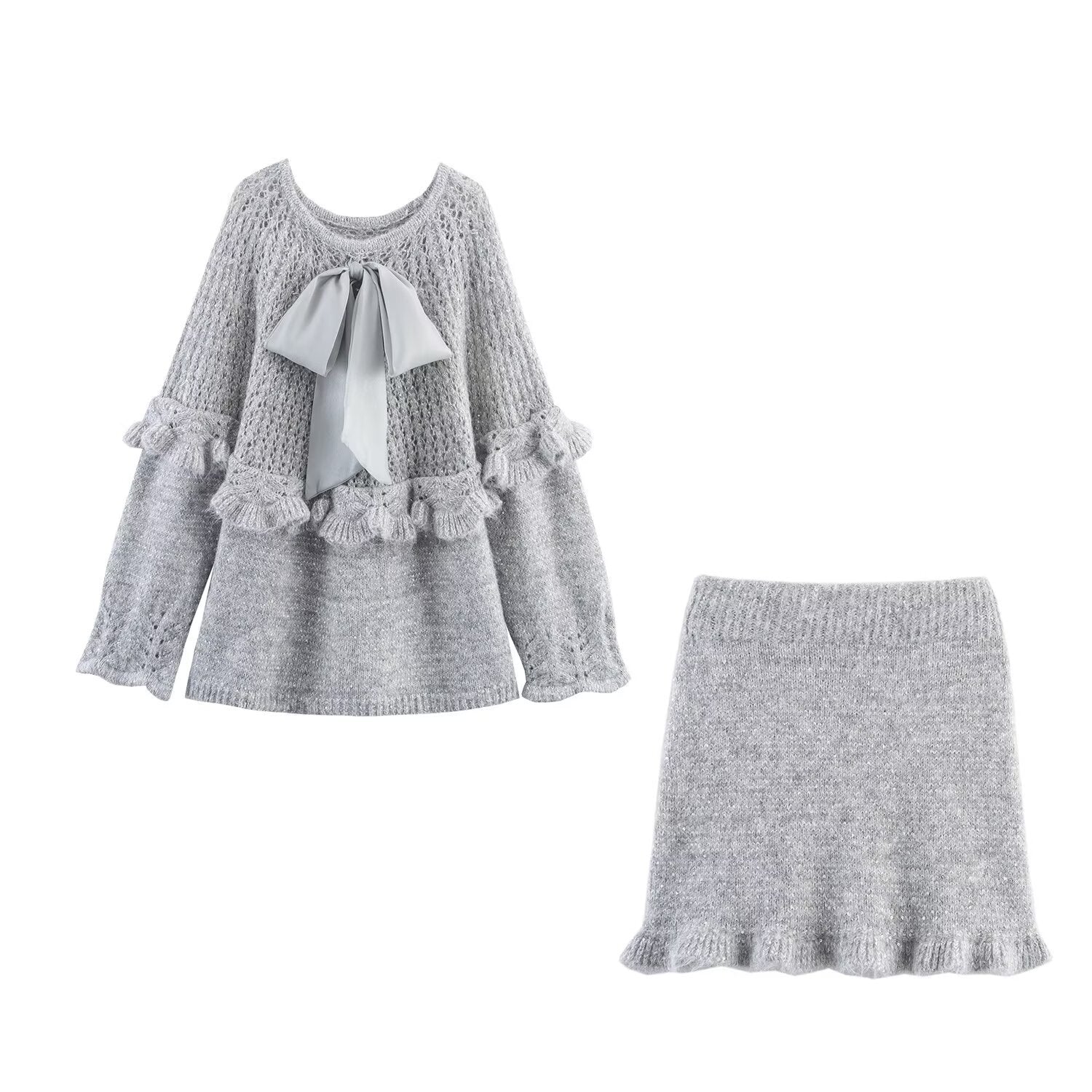 Ribbon Knitted Sweater+Skirt Set