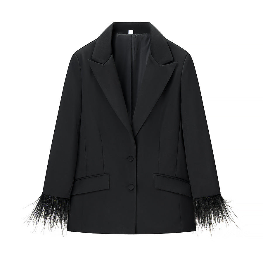 Chic Feather-Embellished Jacket &amp High-Waisted Pants SetStyle Women's Fashion Outfit