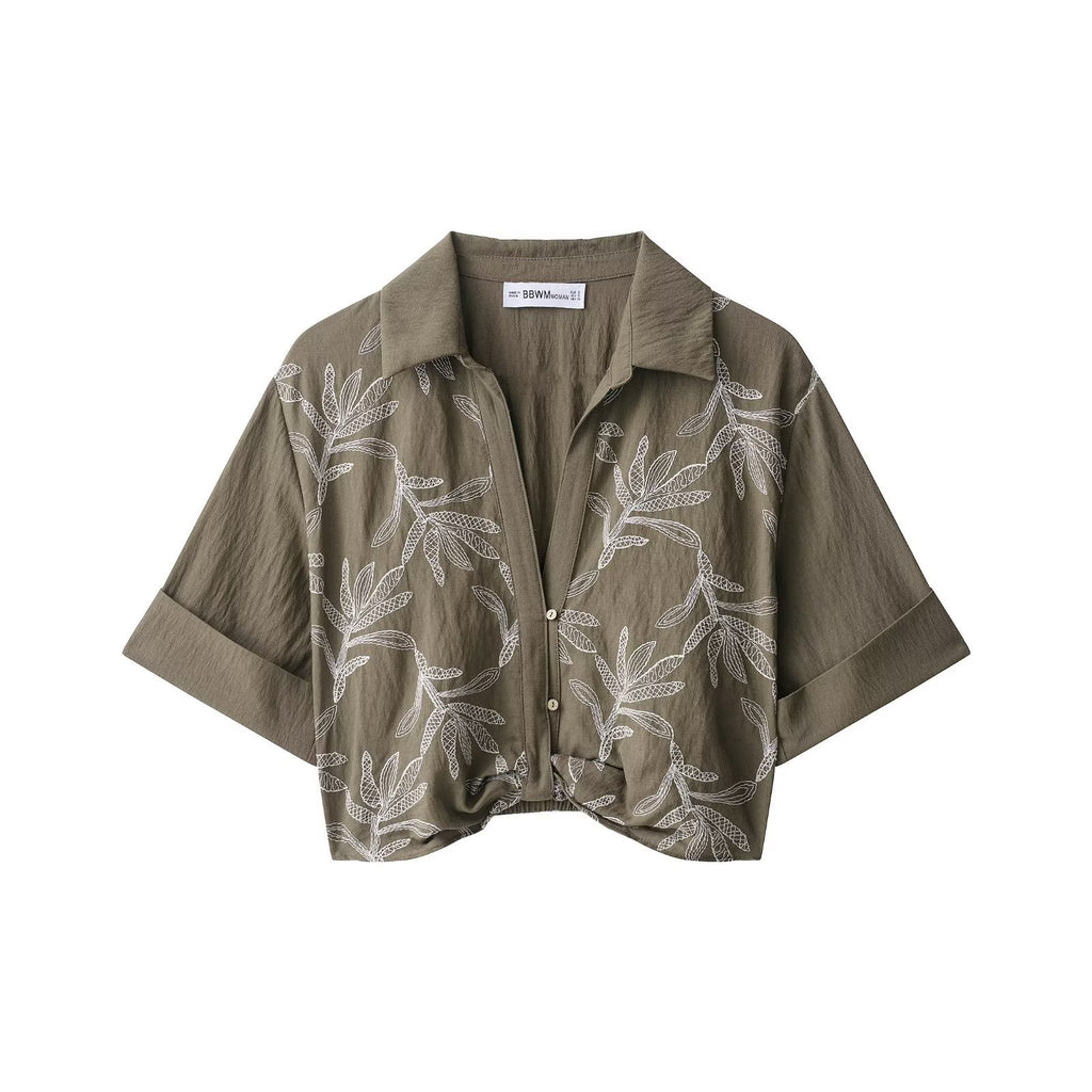 Short sleeved embroidered shirt+double breasted skirt pants