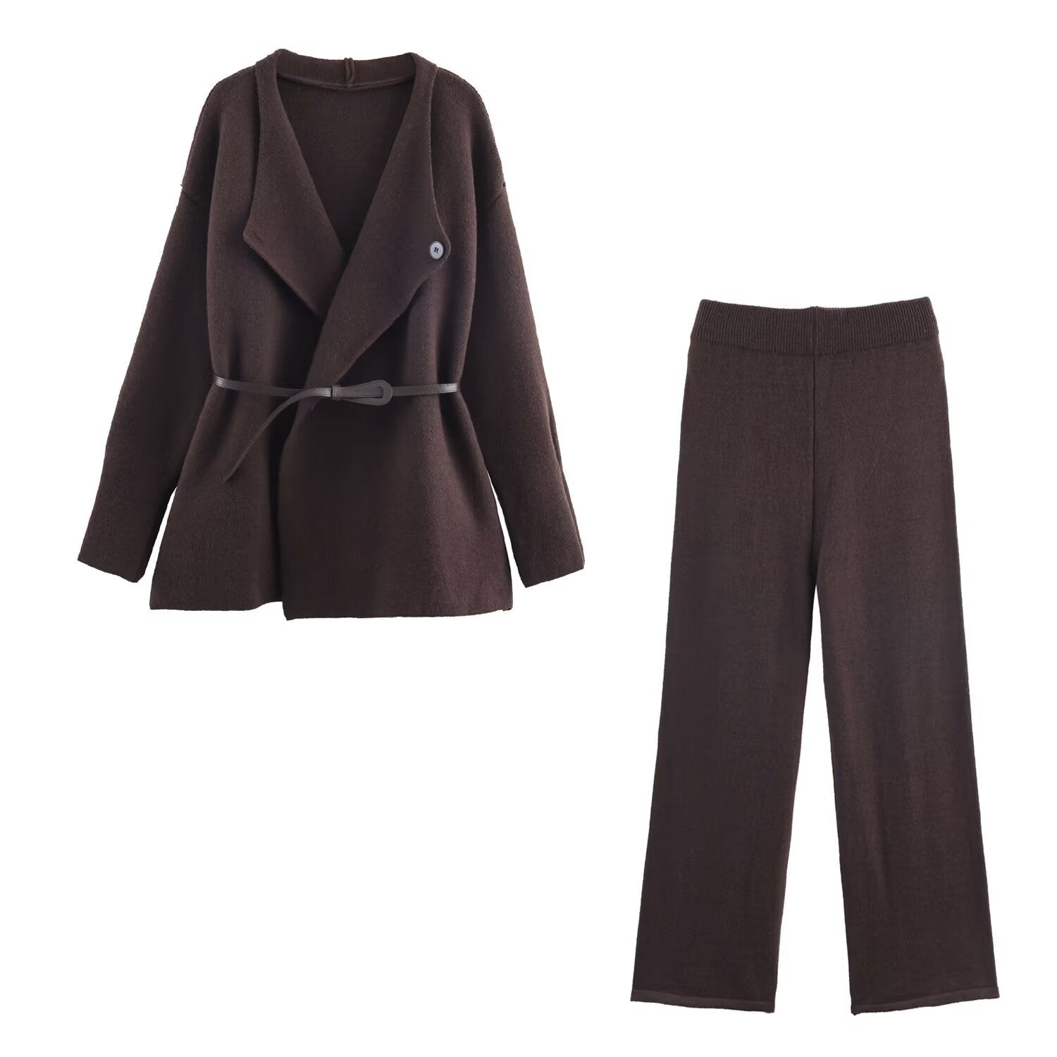 Solid color woolen jacket+straight leg wide leg pants set