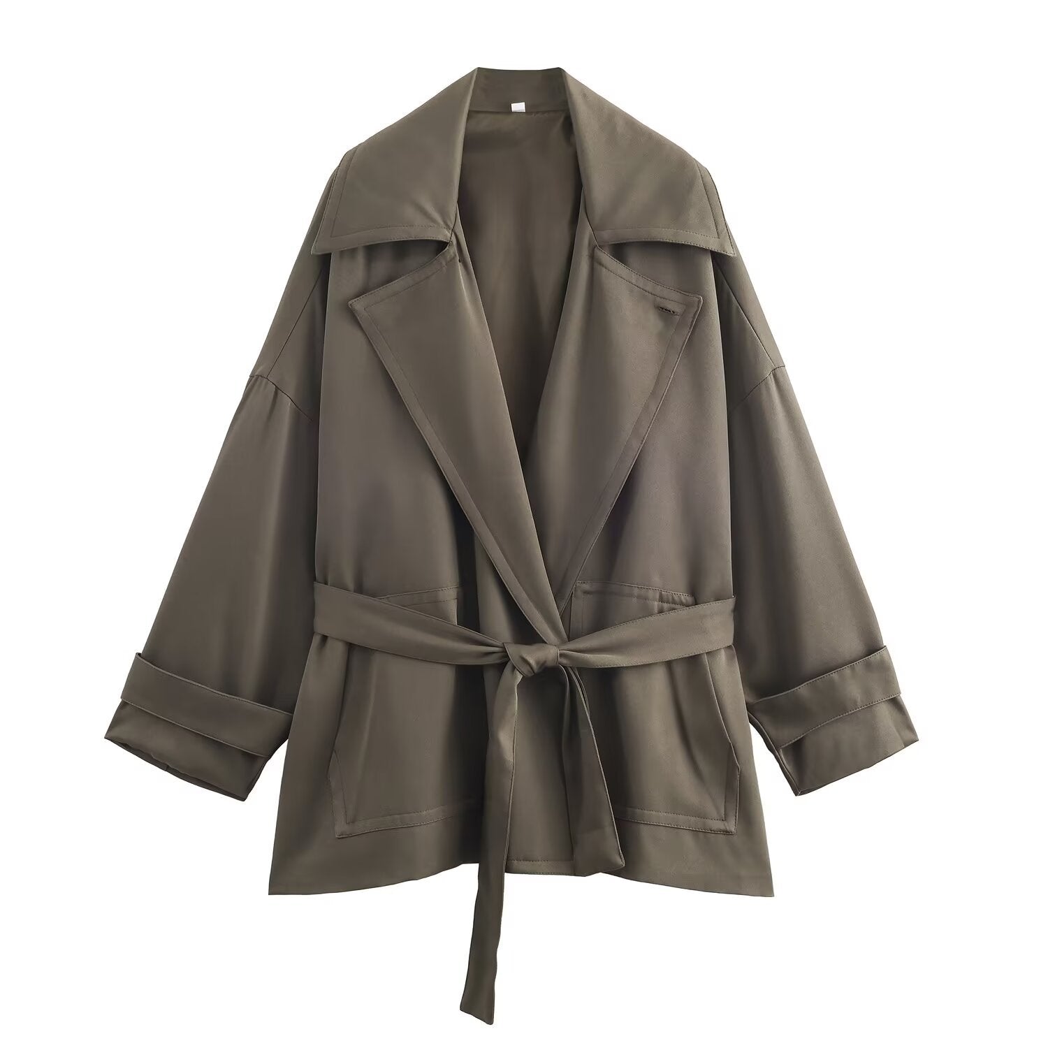 Style Women's Straight Leg Belted Flowing Trench Coat Mid-Waist Pleated Long Pants