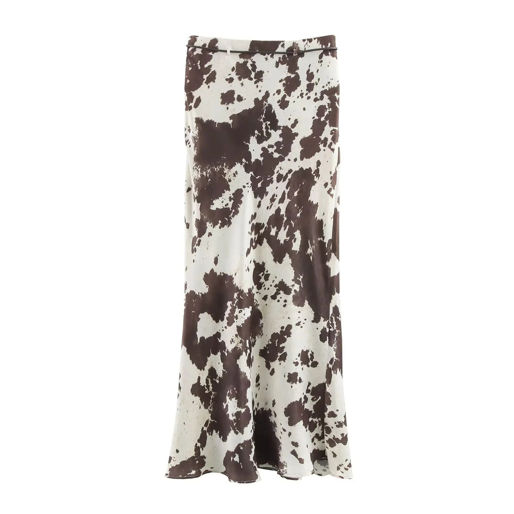 Animal print shirt+silk skirt set with belt