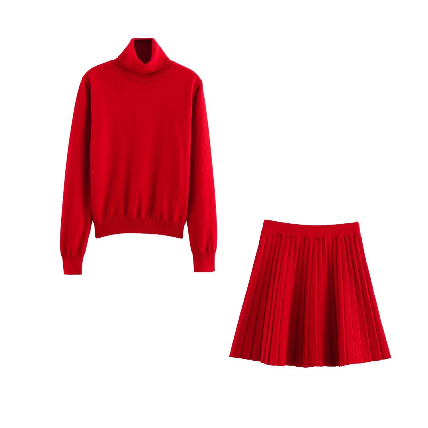 Women's Solid Color Long Sleeve Round Neck Top with Pleated Mini Skirt Knit Set