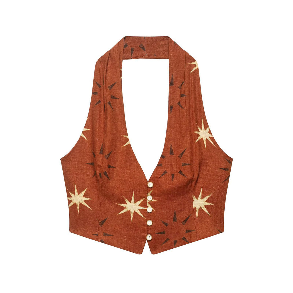 Printed linen blend top+straight leg pants set