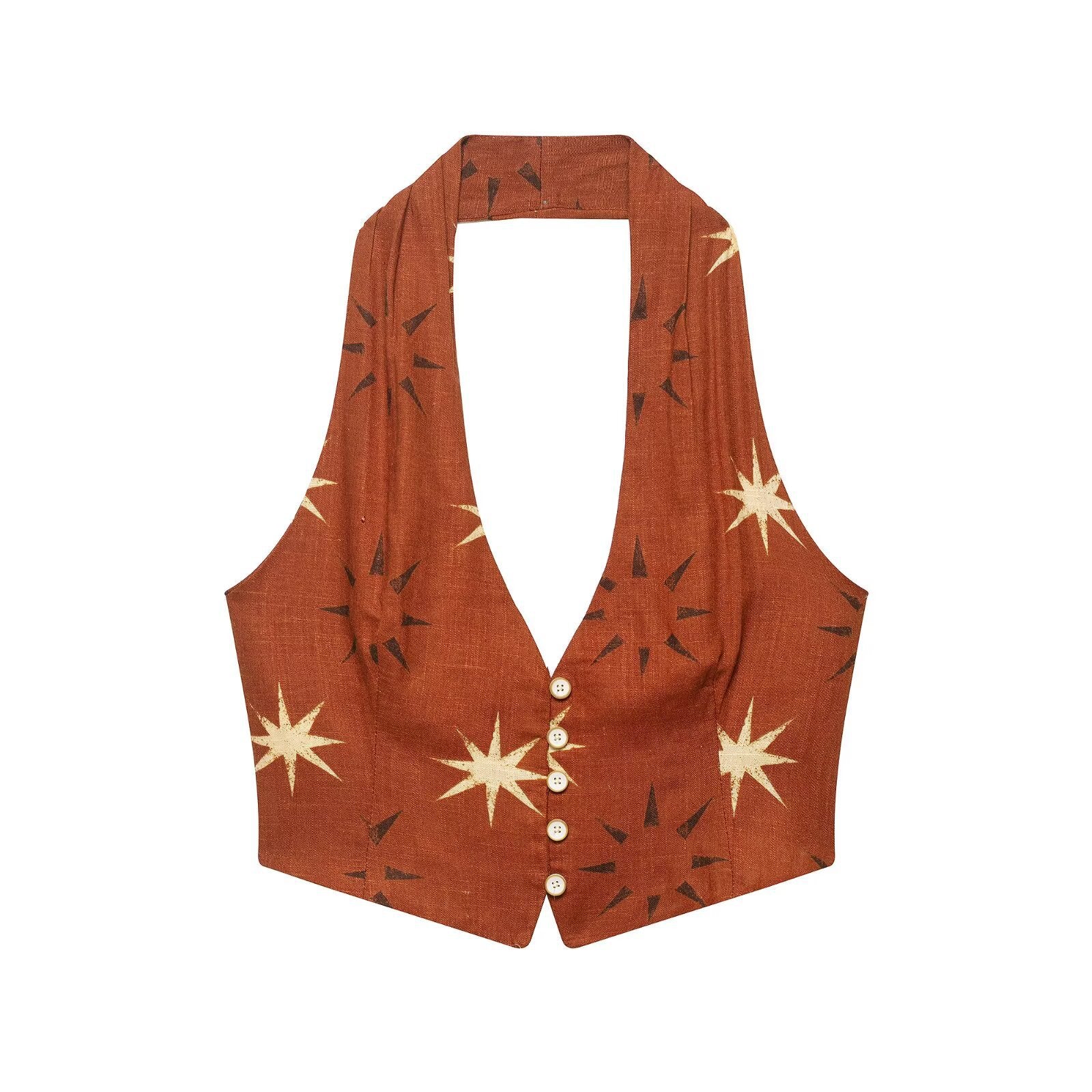 Printed linen blend top+straight leg pants set