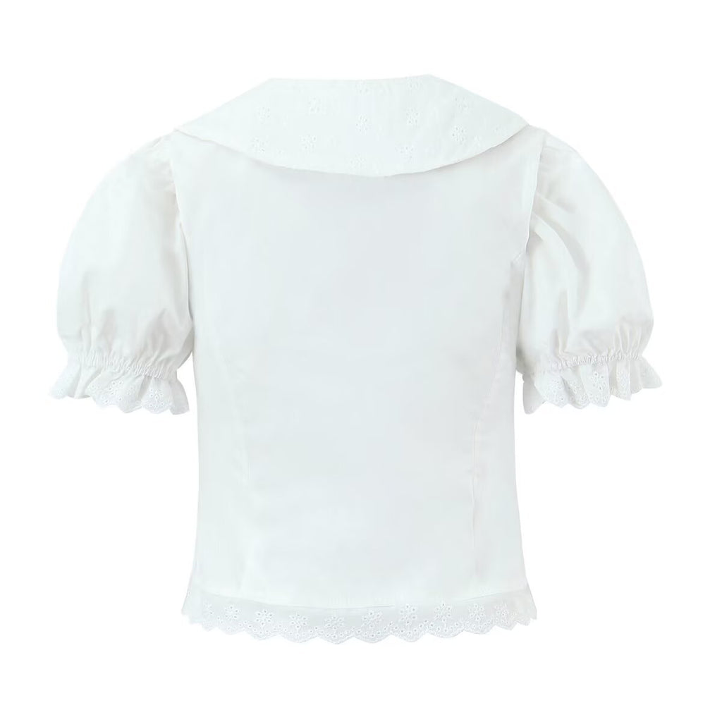 Women's New Fashion Ruffled Peter Pan Collar Fitted Top with Lace Splicing Pleated Skirt