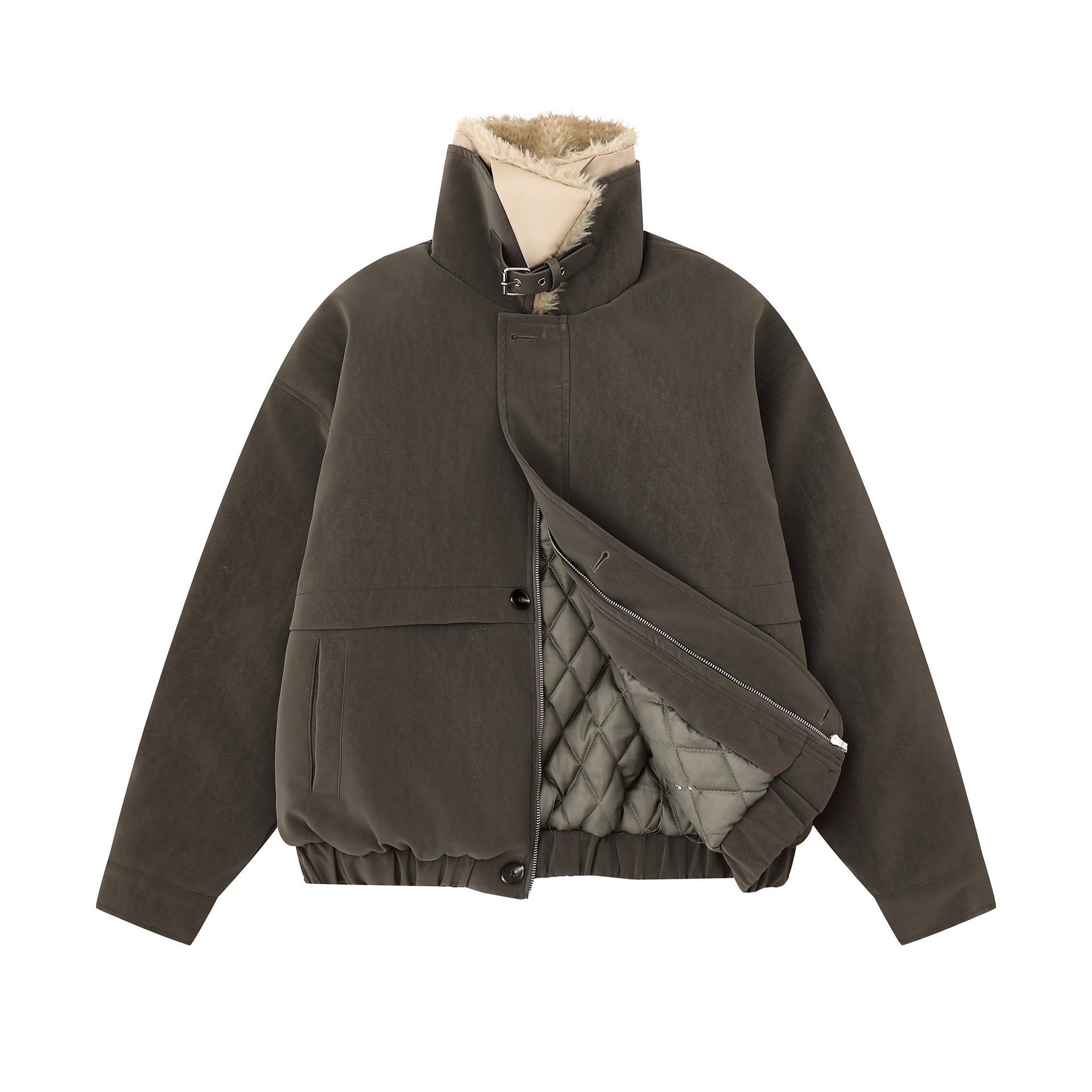 Retro Barn style PU leather detachable fur collar jacket for women