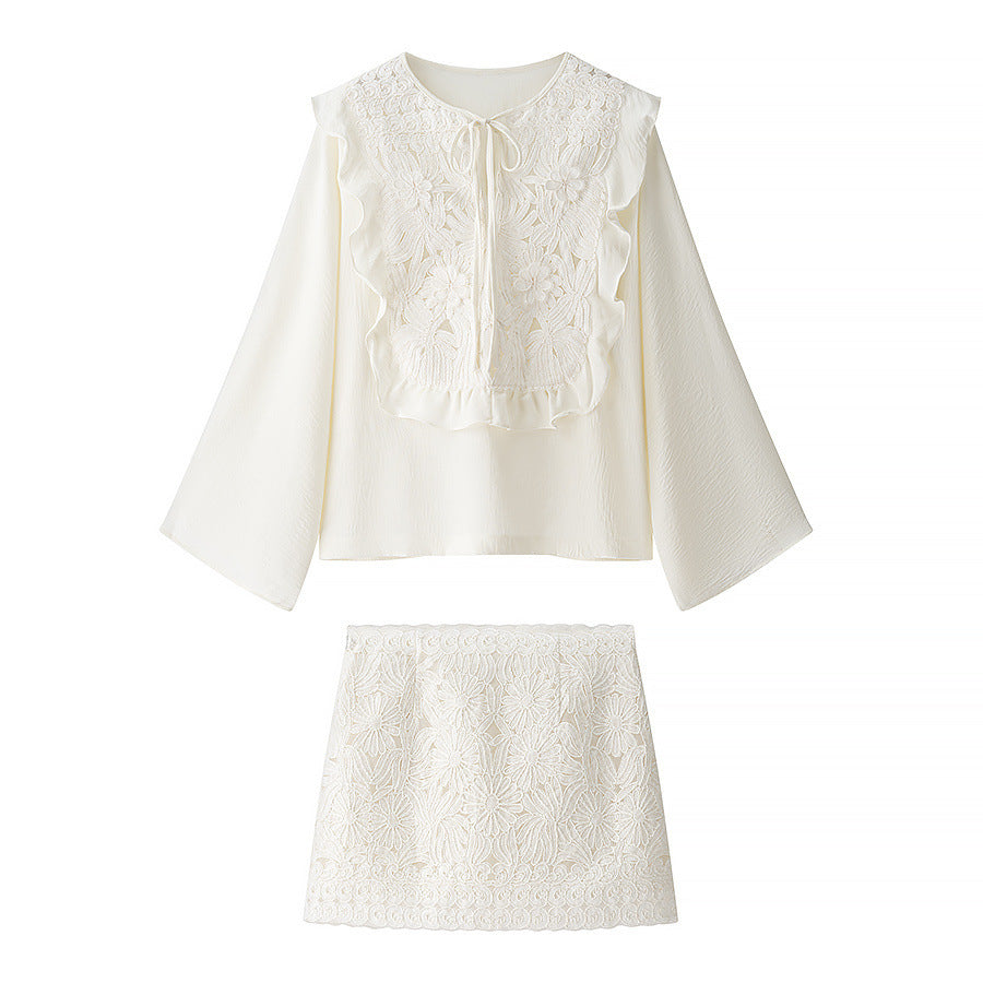 Lace patchwork lace up shirt+short skirt set