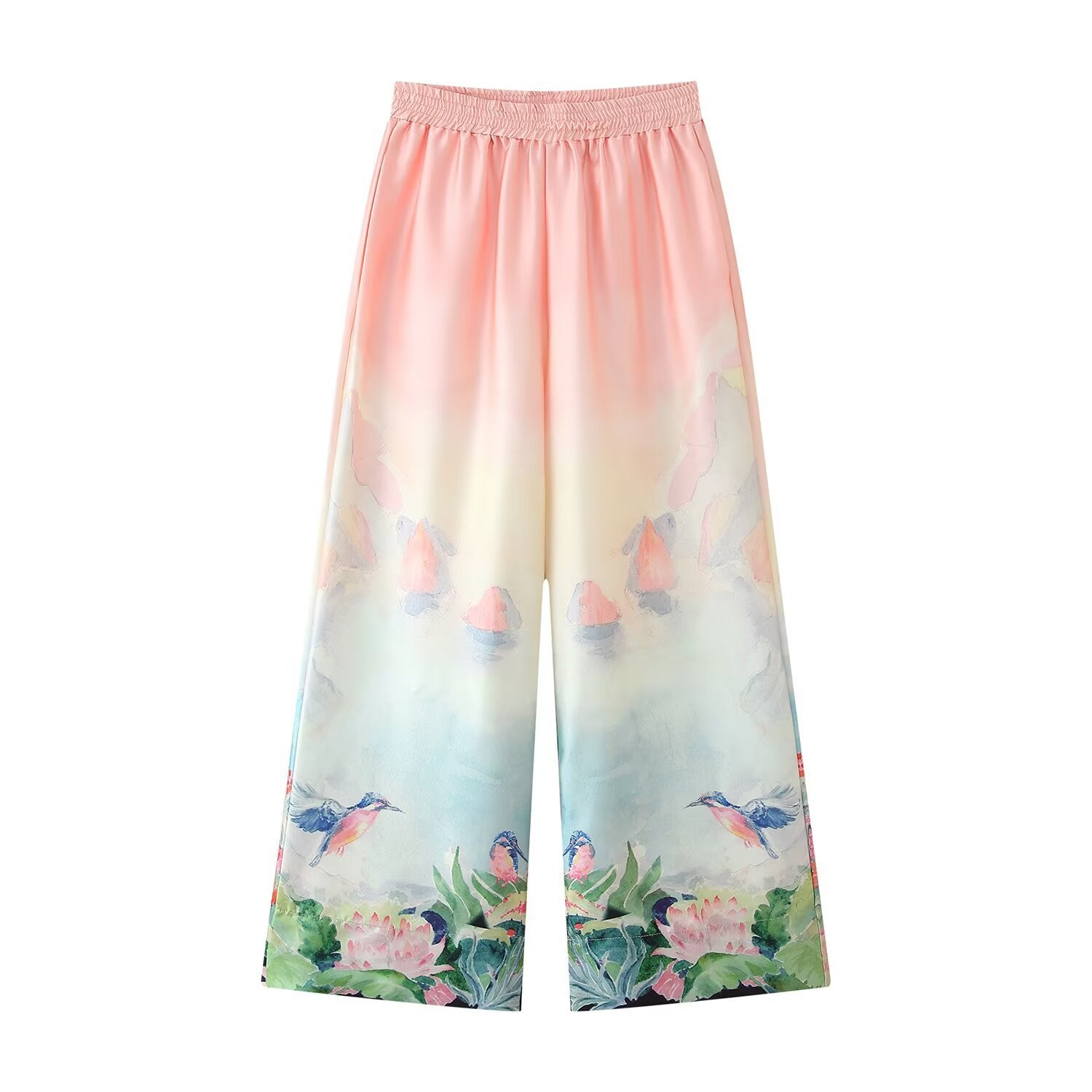 Large silhouette twill printed shirt+straight leg pants set