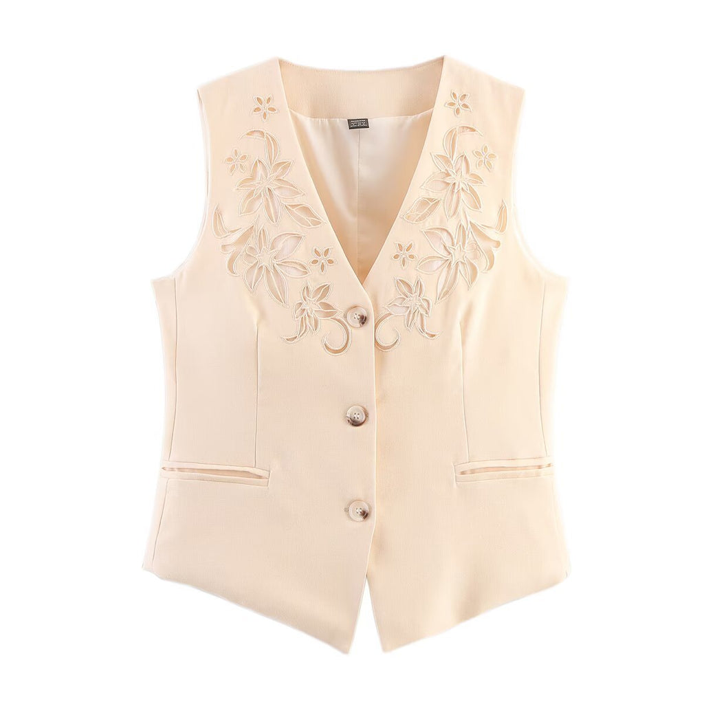 Hollow embroidery cotton linen style vest+shorts set