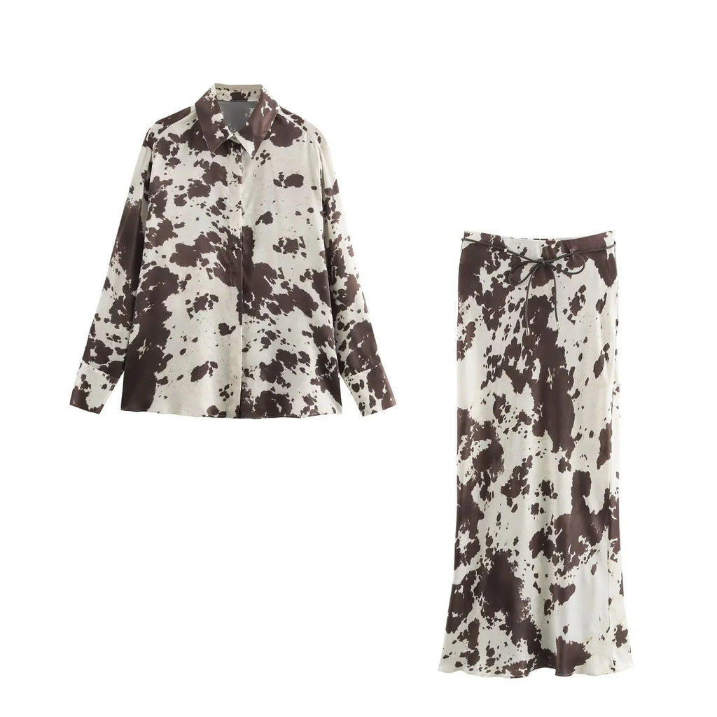 Animal print shirt+silk skirt set with belt