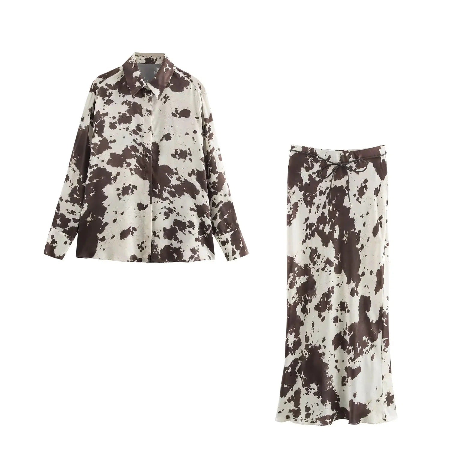 Animal print shirt+silk skirt set with belt