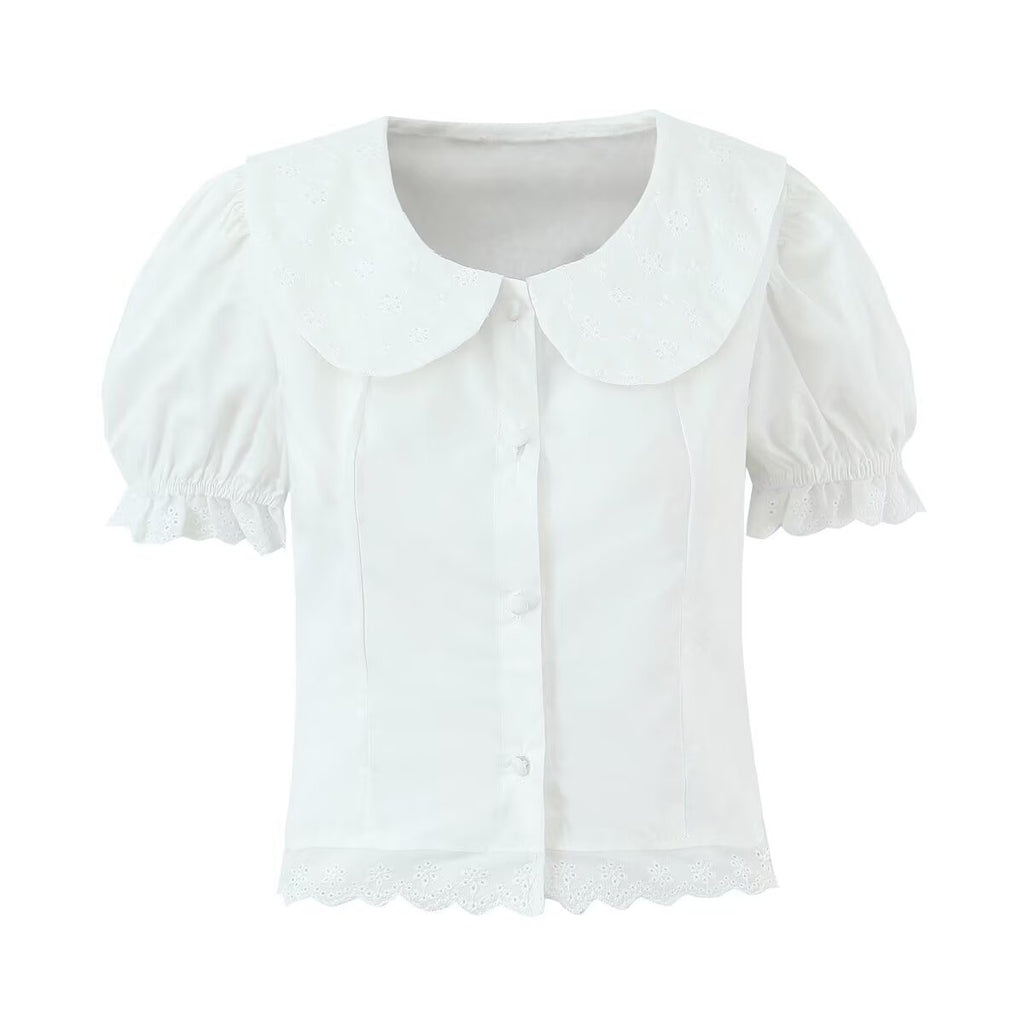 Women's New Fashion Ruffled Peter Pan Collar Fitted Top with Lace Splicing Pleated Skirt