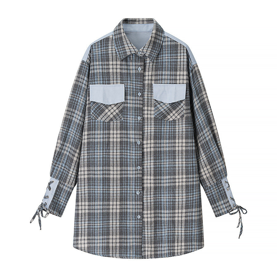 Checkered shirt+short skirt two-piece set