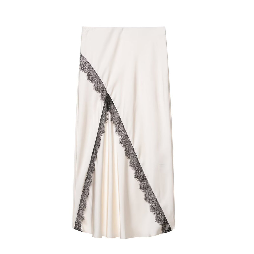 Lace embellished satin top+skirt set