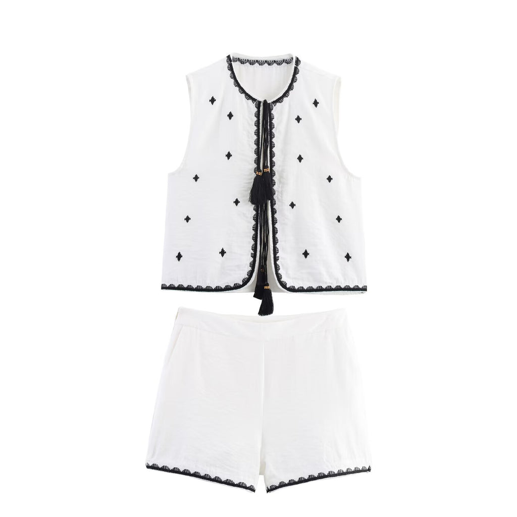 Embroidered Su Sui vest+shorts set