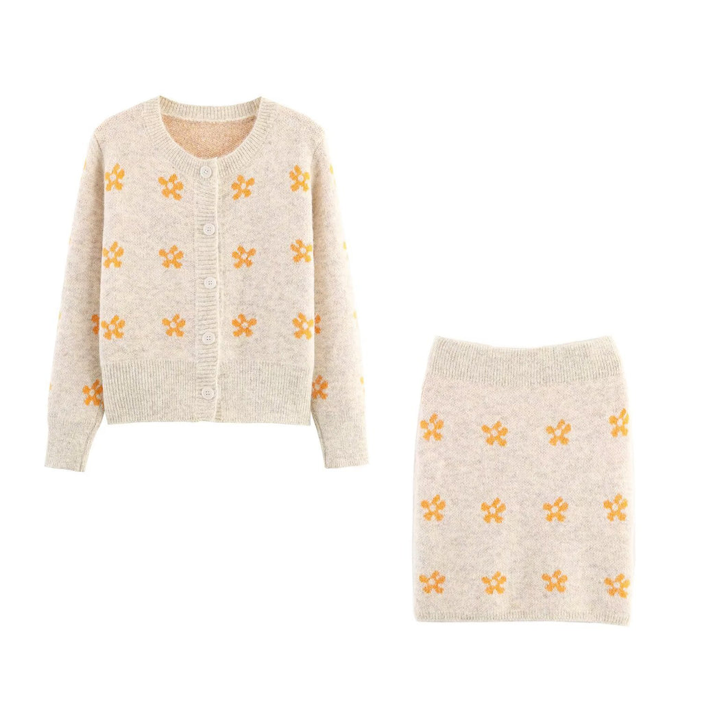 Jacquard knitted cardigan jacket+knitted hip hugging short skirt set