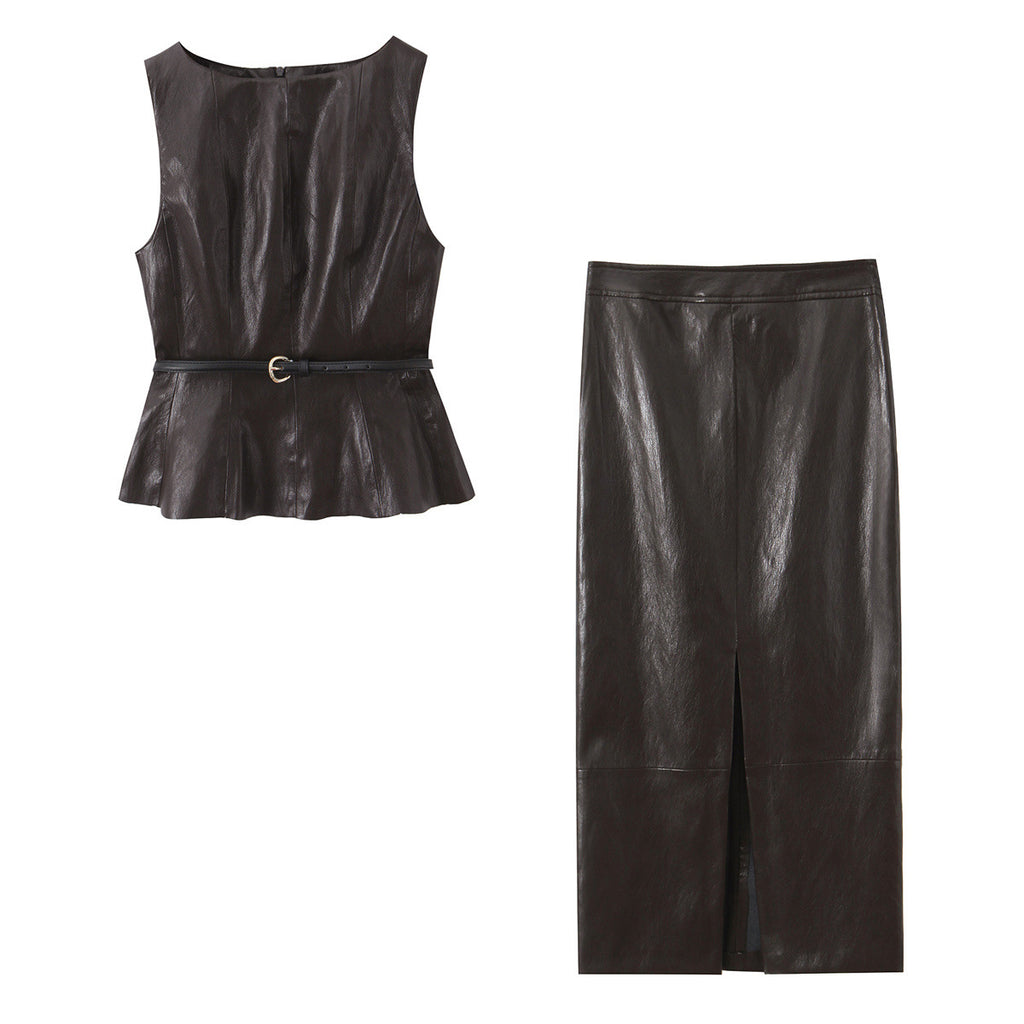 Leather top with belt and MIDI skirt set