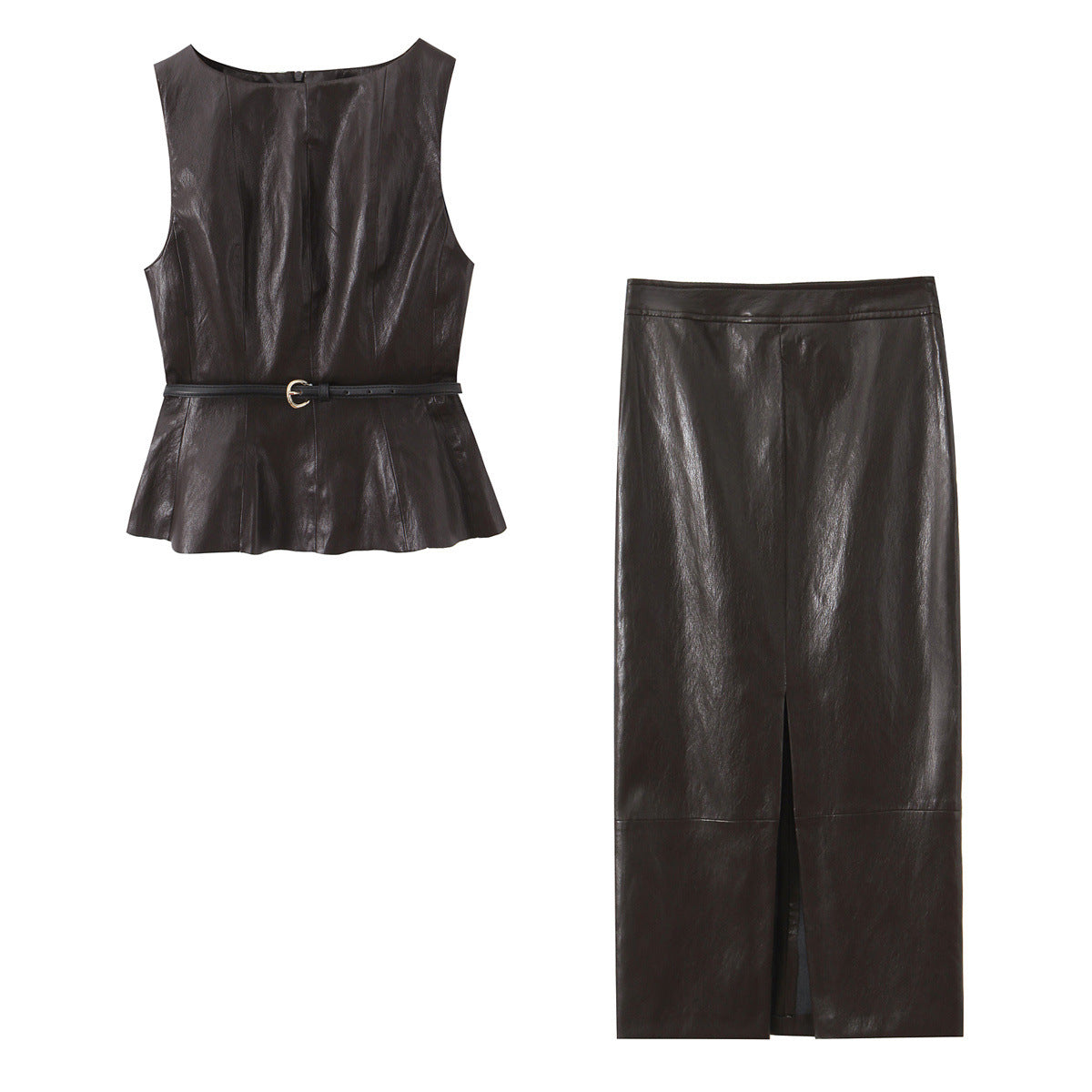 Leather top with belt and MIDI skirt set