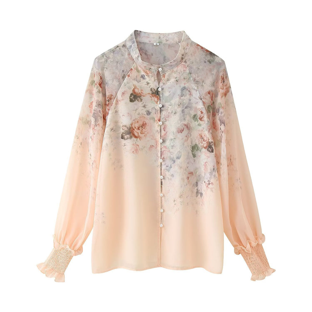 Flower print long sleeved shirt+skirt set