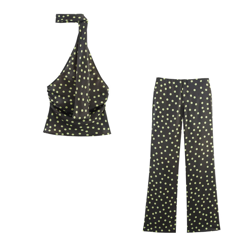 Neck collar top+flared pants set