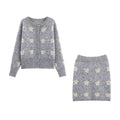 Jacquard knitted cardigan jacket+knitted hip hugging short skirt set