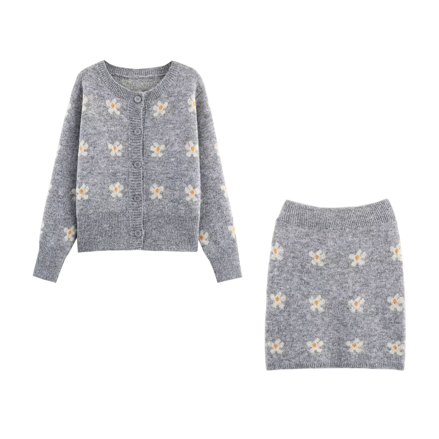 Jacquard knitted cardigan jacket+knitted hip hugging short skirt set