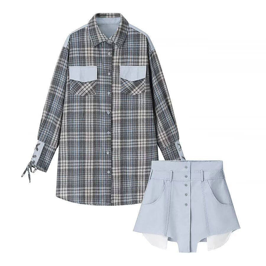 Checkered shirt+short skirt two-piece set