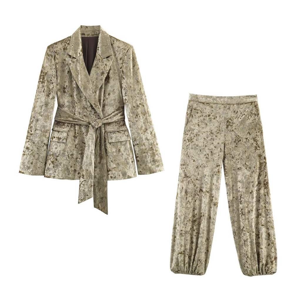 Metallic line waistband suit+pants set