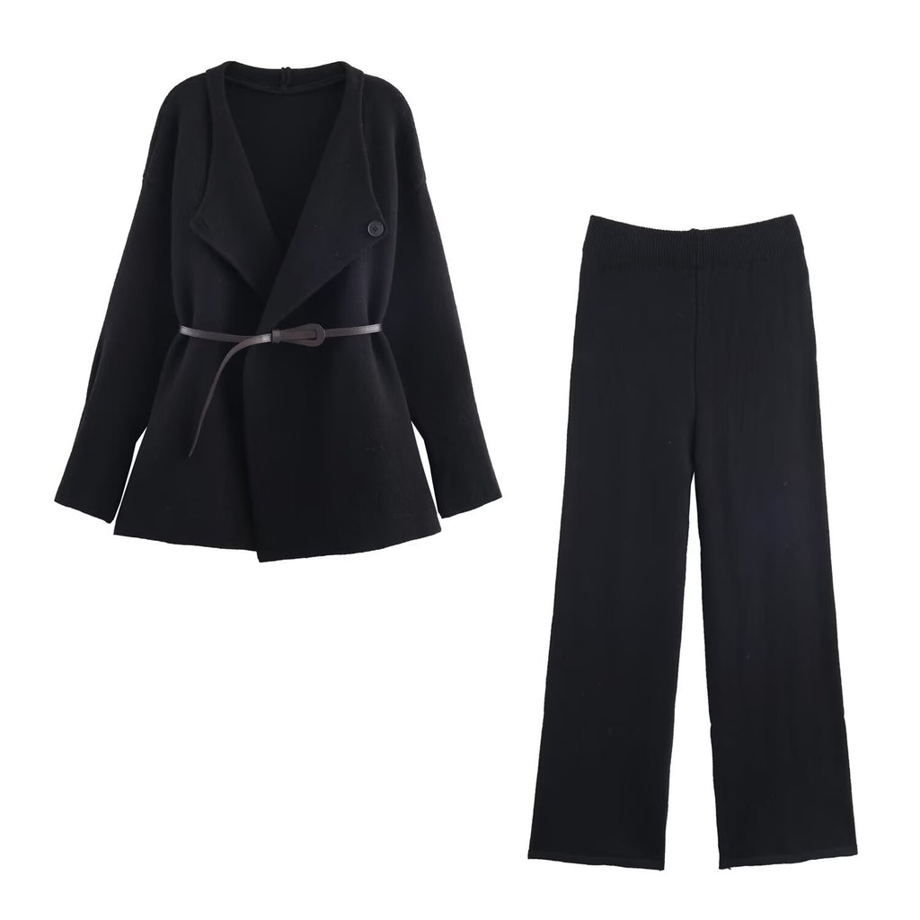 Solid color woolen jacket+straight leg wide leg pants set