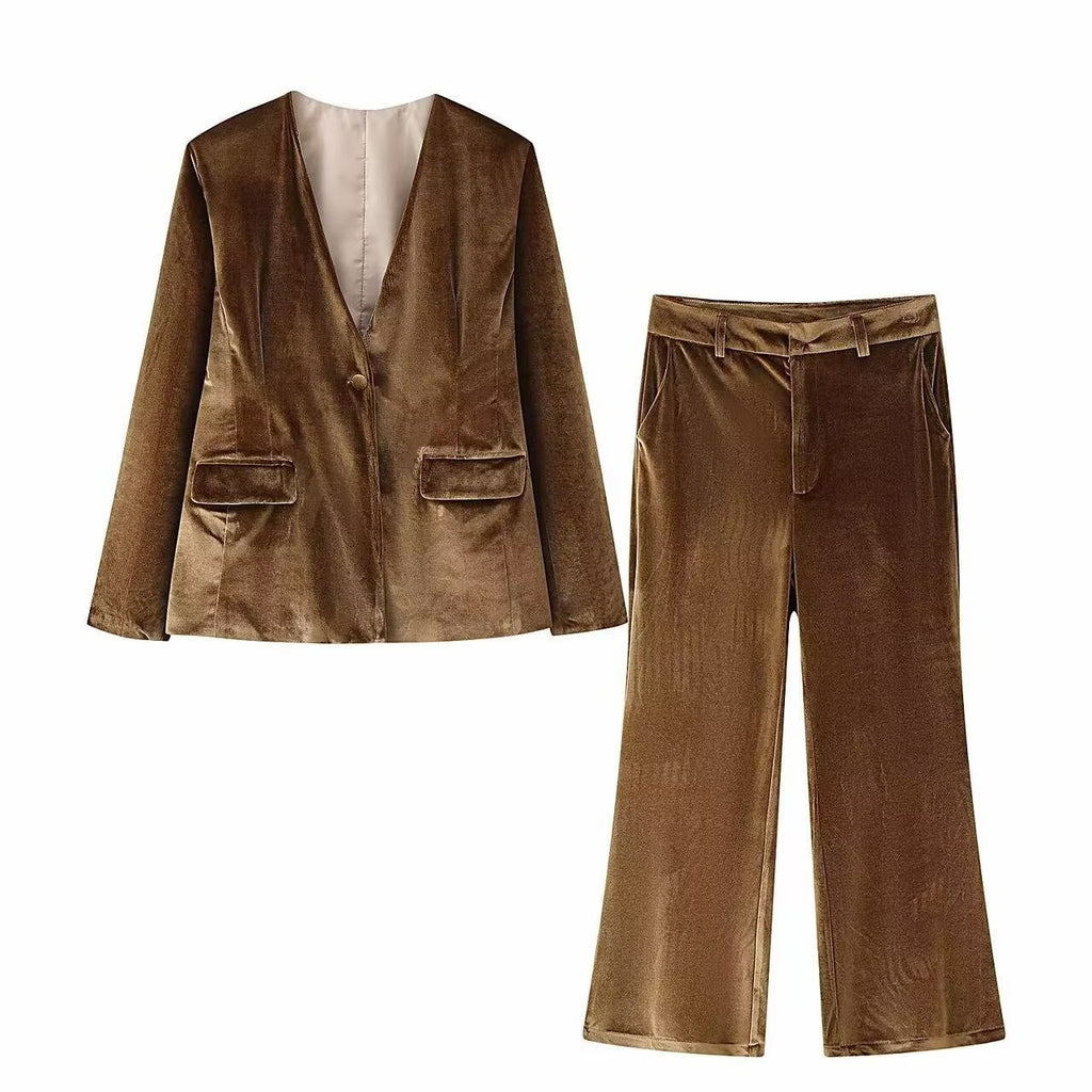 V-neck velvet pocket embellished suit jacket+velvet micro flared pants