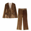 V-neck velvet pocket embellished suit jacket+velvet micro flared pants