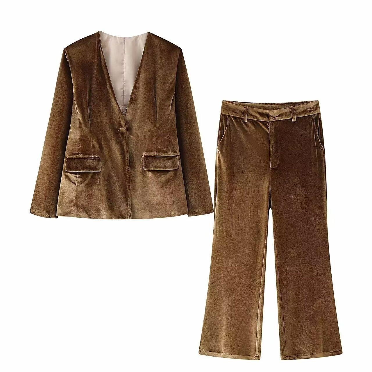 V-neck velvet pocket embellished suit jacket+velvet micro flared pants