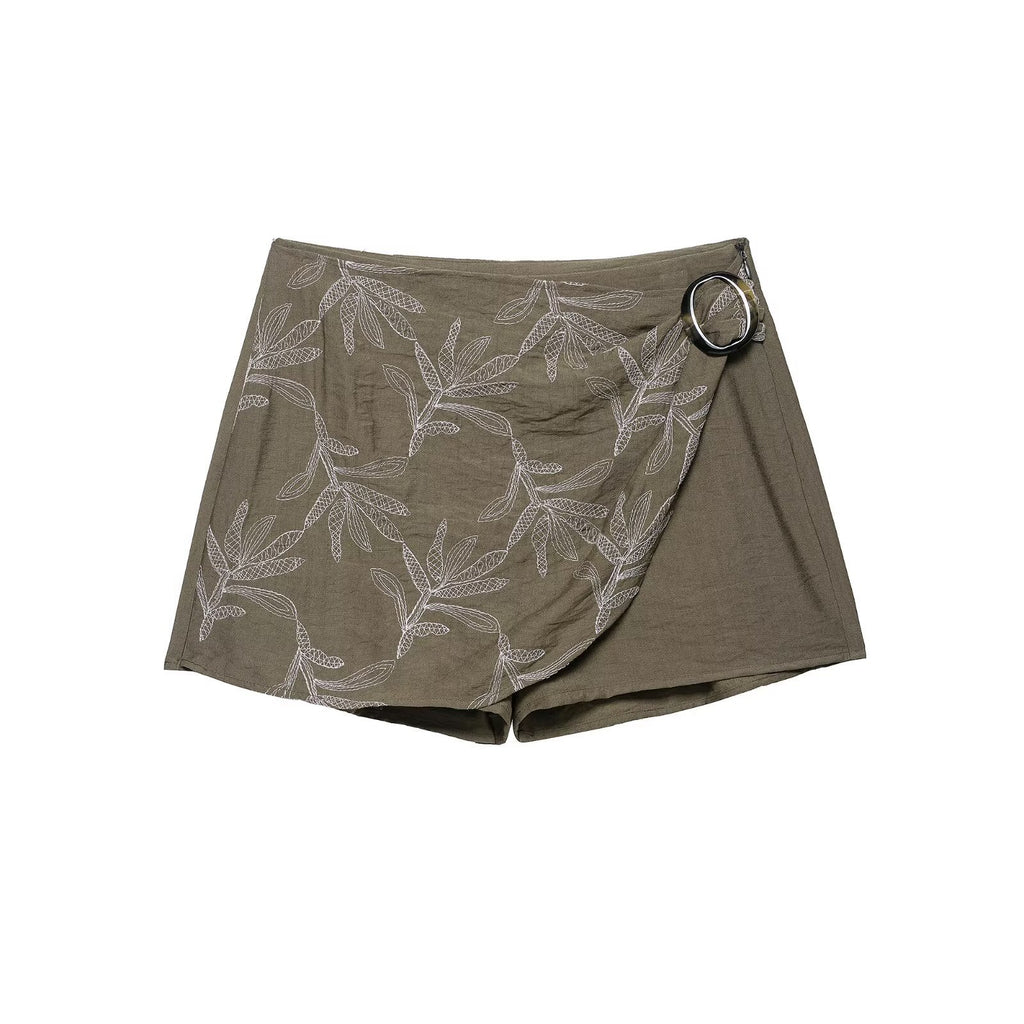 Short sleeved embroidered shirt+double breasted skirt pants