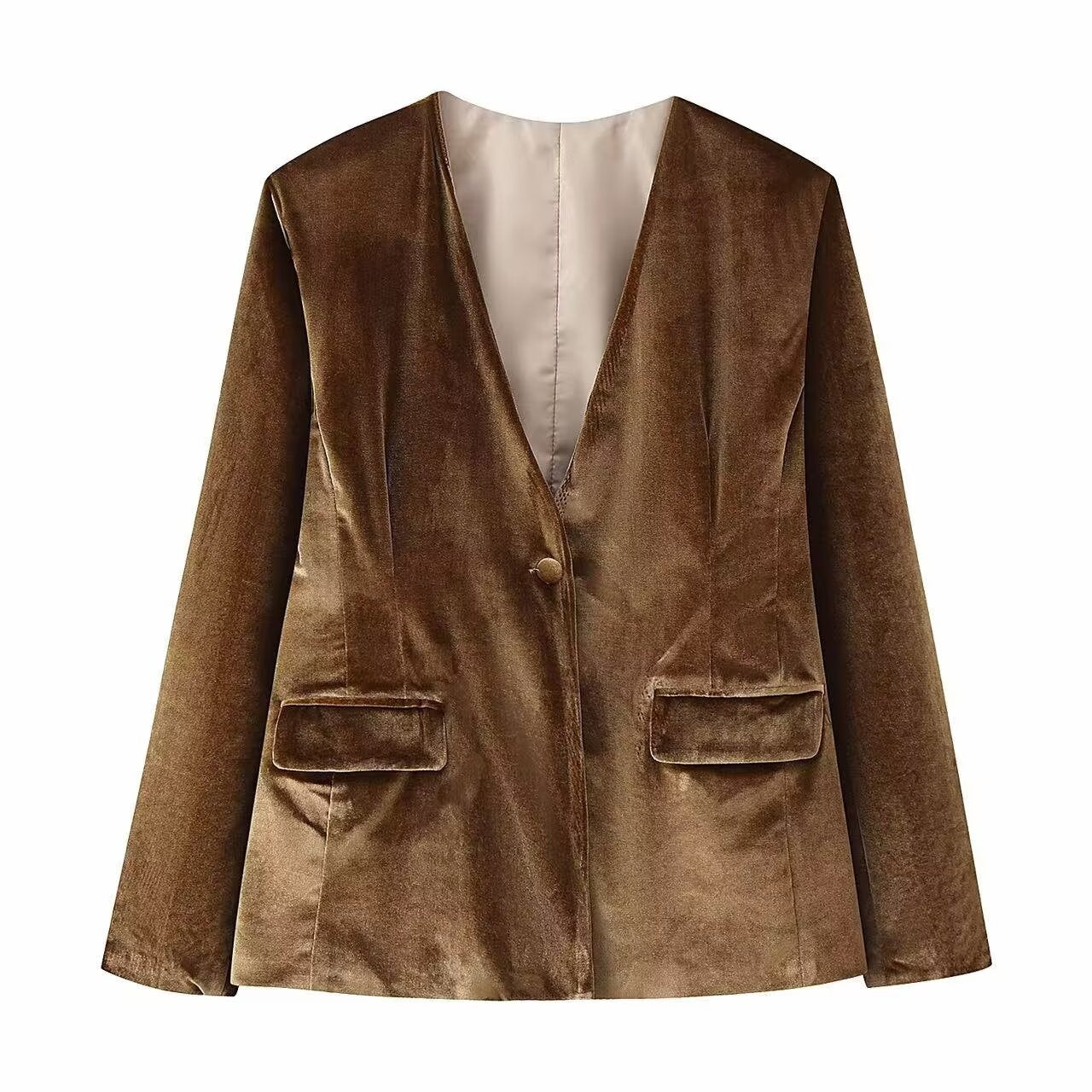 V-neck velvet pocket embellished suit jacket+velvet micro flared pants