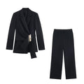 Buckle embellished suit jacket+straight leg pants set