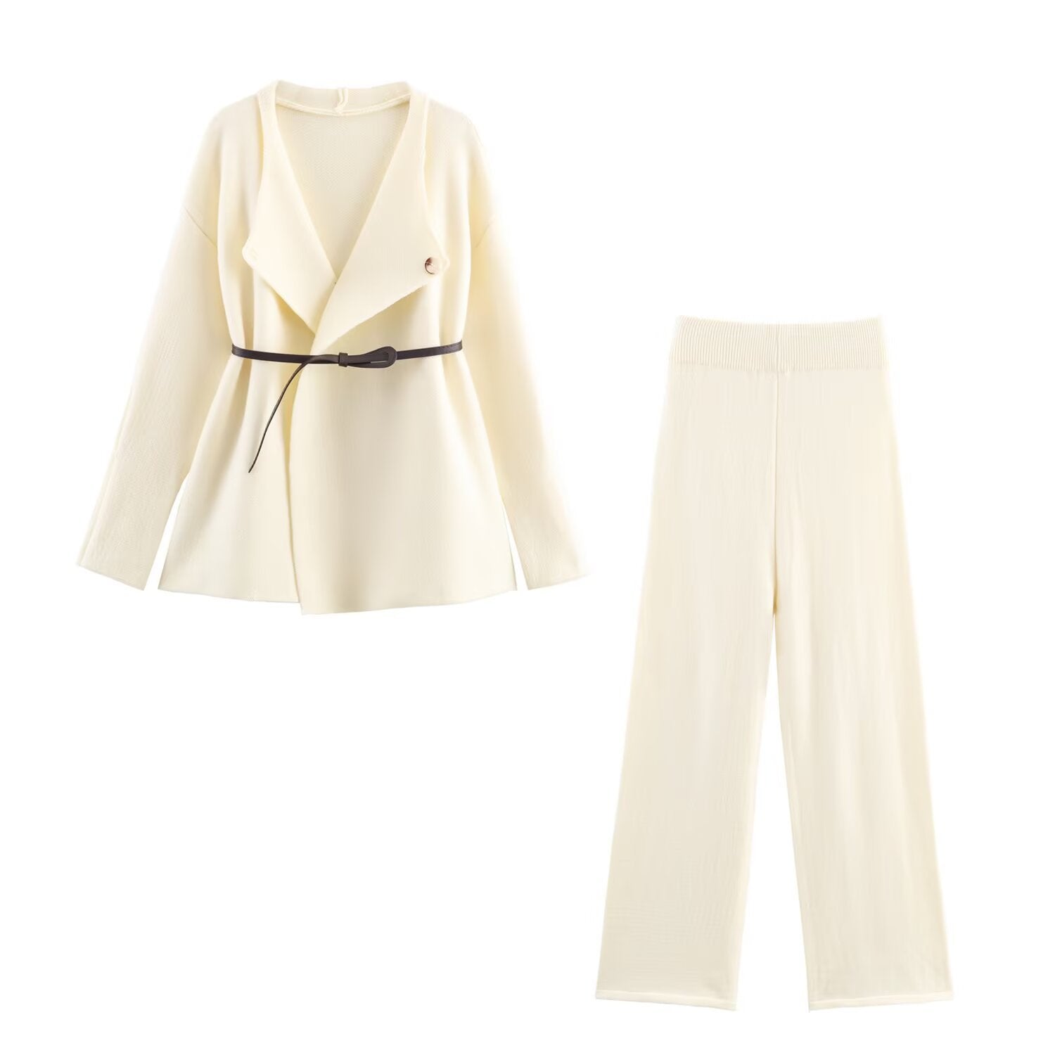 Solid color woolen jacket+straight leg wide leg pants set