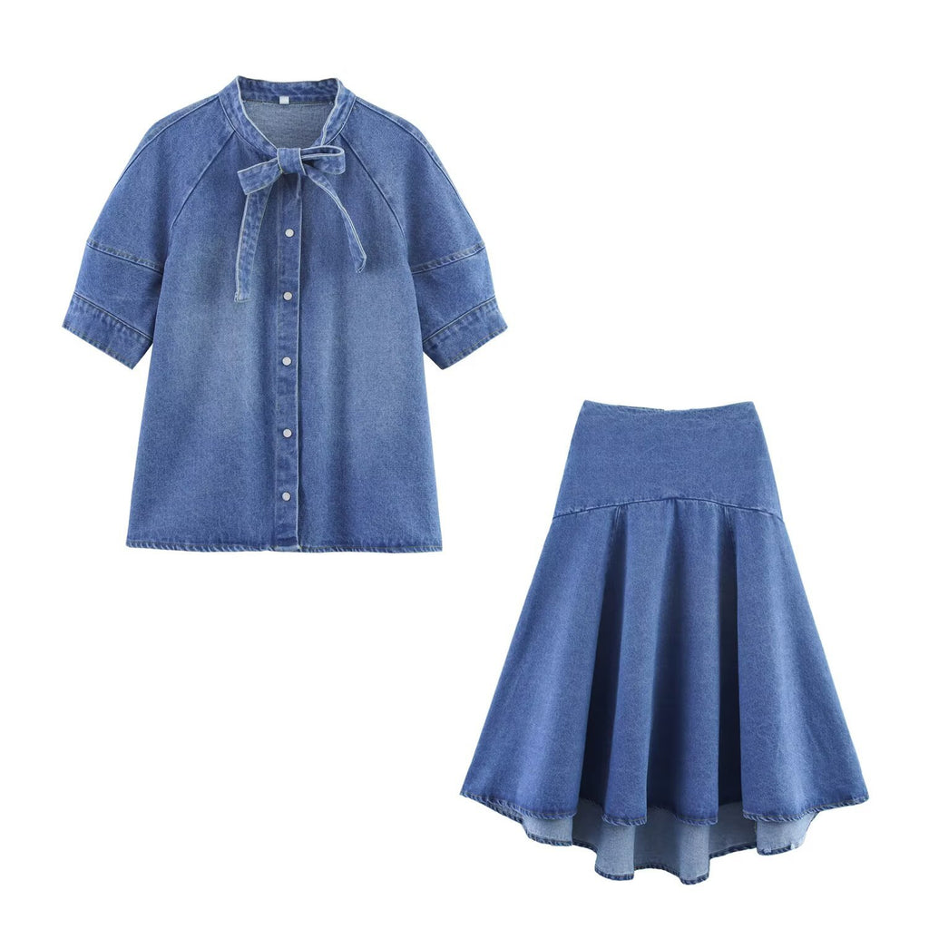 Bow tie shirt+denim skirt set