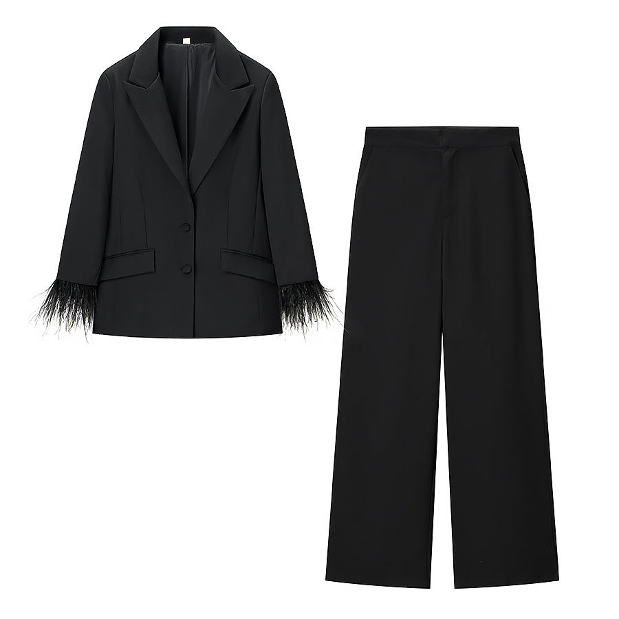 Chic Feather-Embellished Jacket &amp High-Waisted Pants SetStyle Women's Fashion Outfit