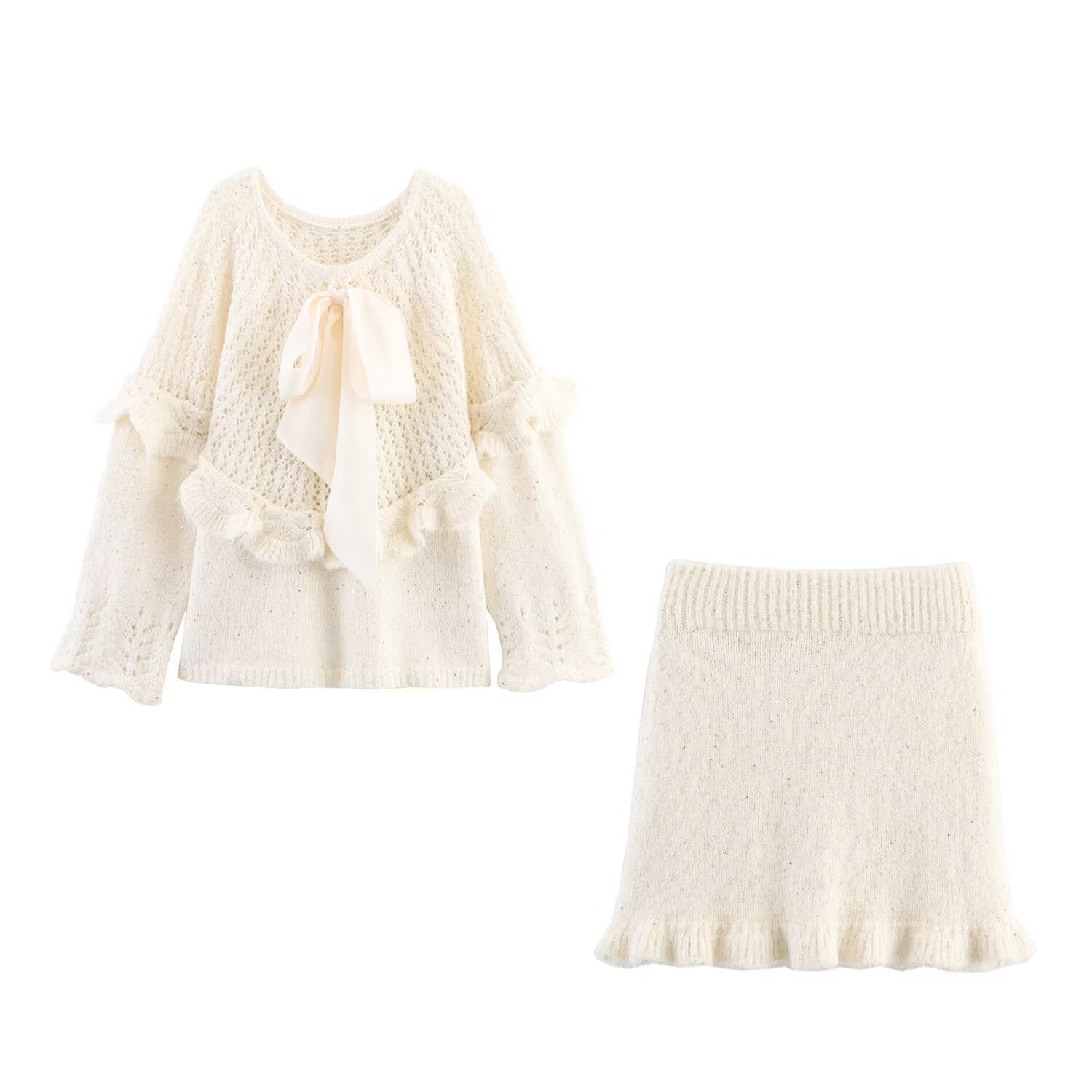 Ribbon Knitted Sweater+Skirt Set