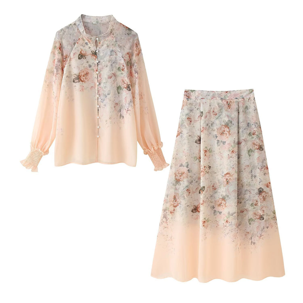 Flower print long sleeved shirt+skirt set