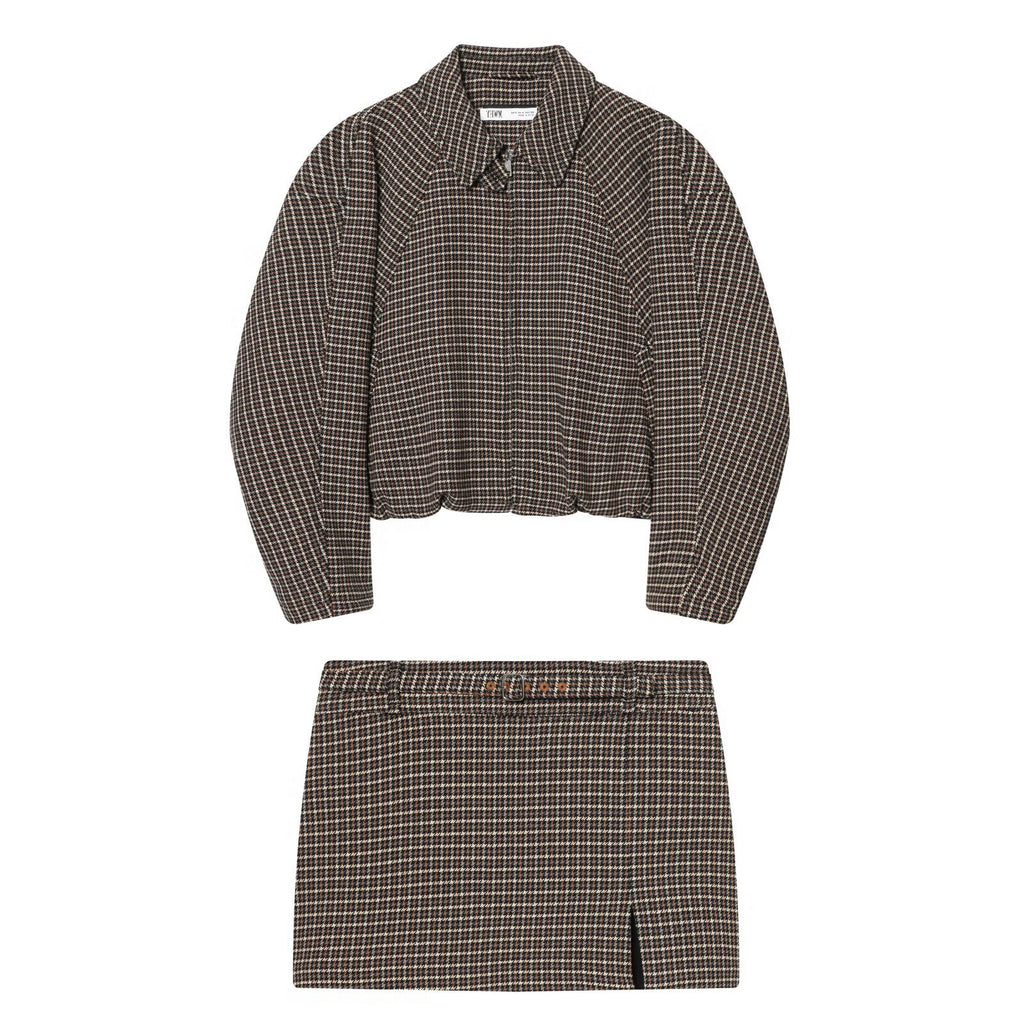 Winter houndstooth jacket+waistband skirt pants