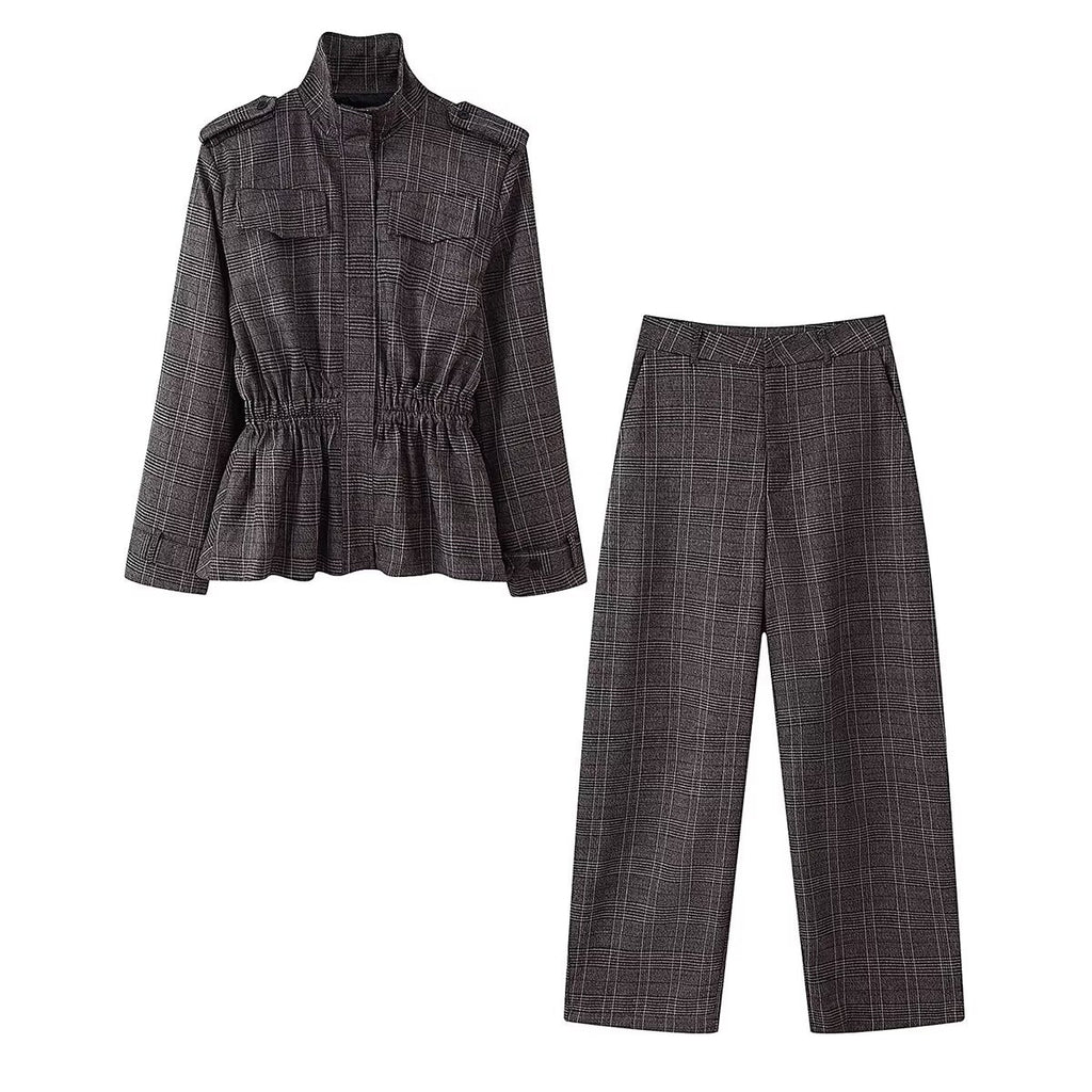 Plaid ruffled jacket+balloon version pants