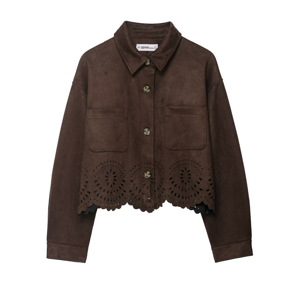 Hollow hem suede jacket+pants set