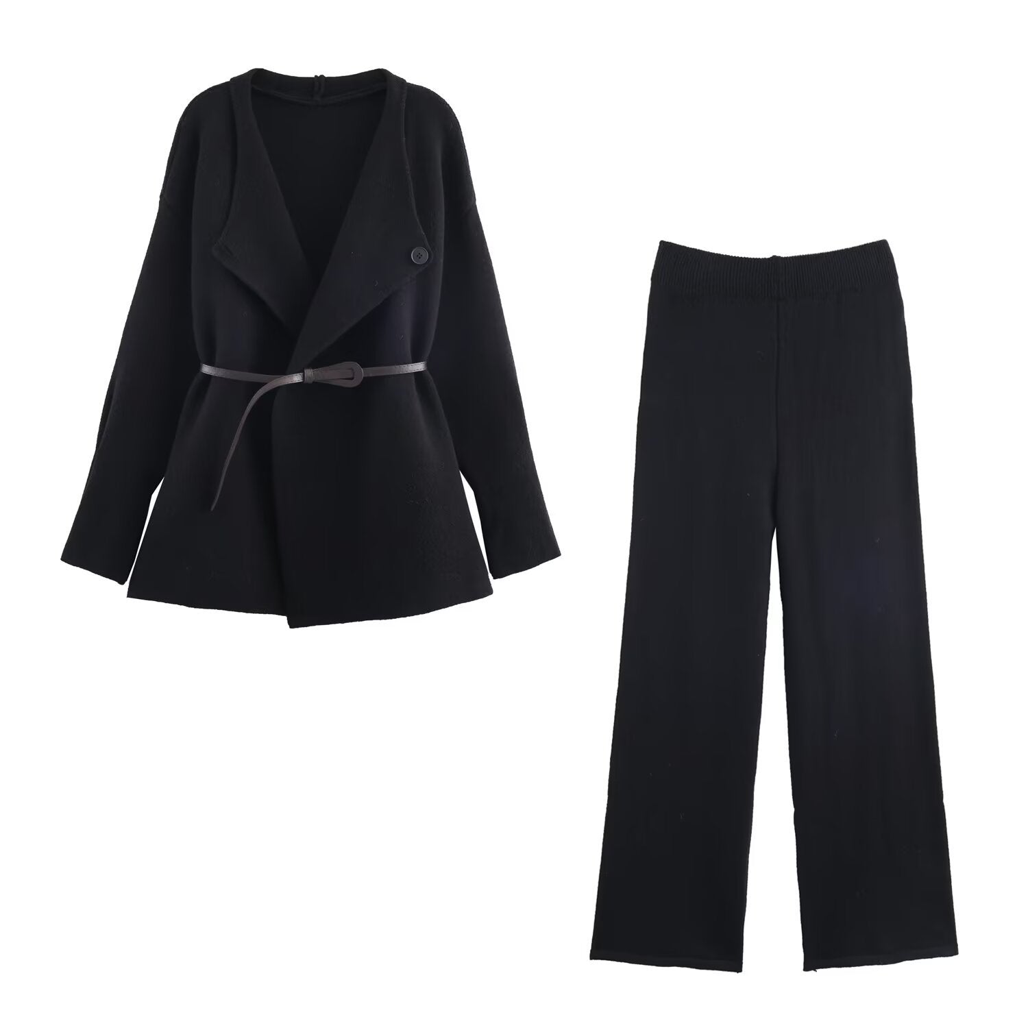 Solid color woolen jacket+straight leg wide leg pants set