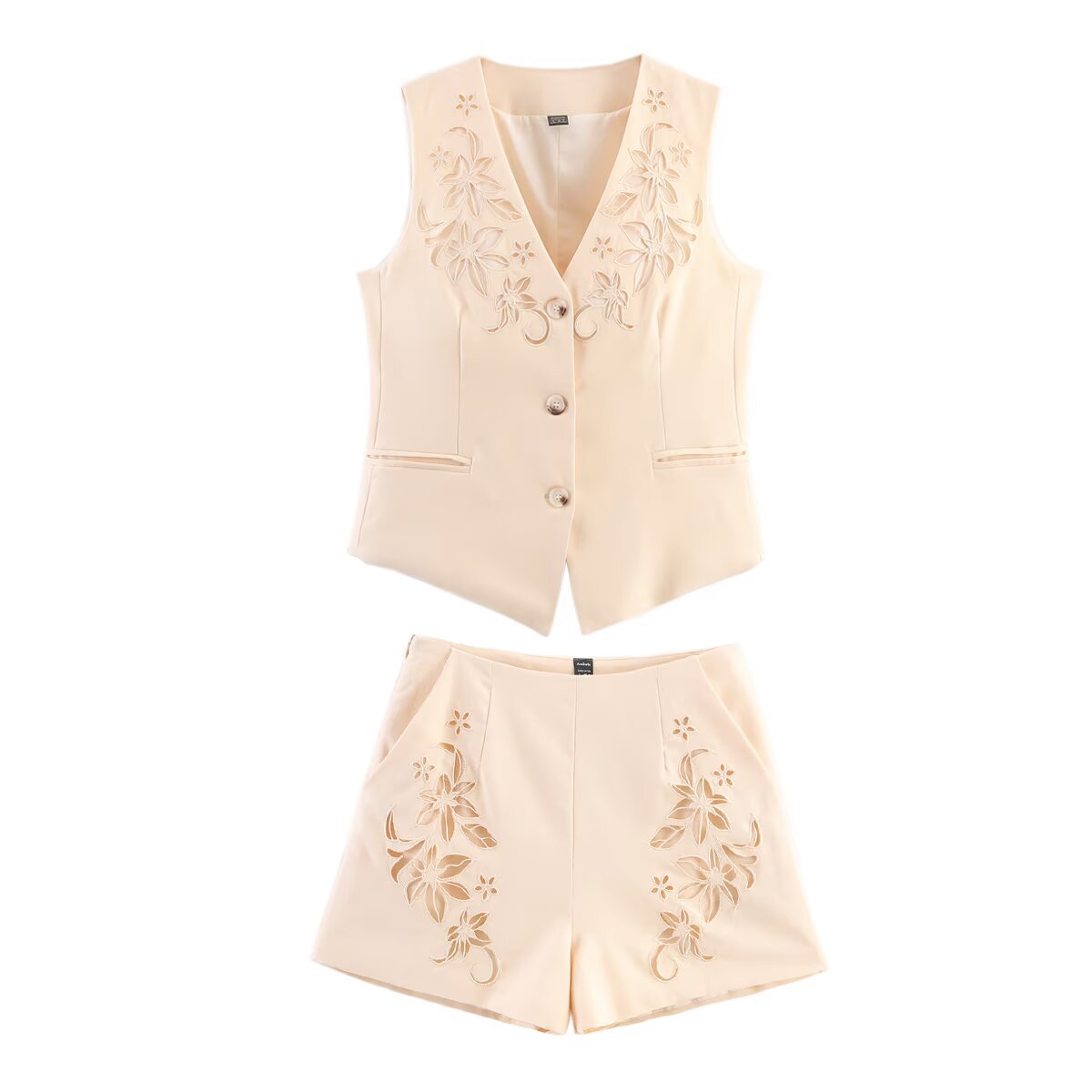 Hollow embroidery cotton linen style vest+shorts set