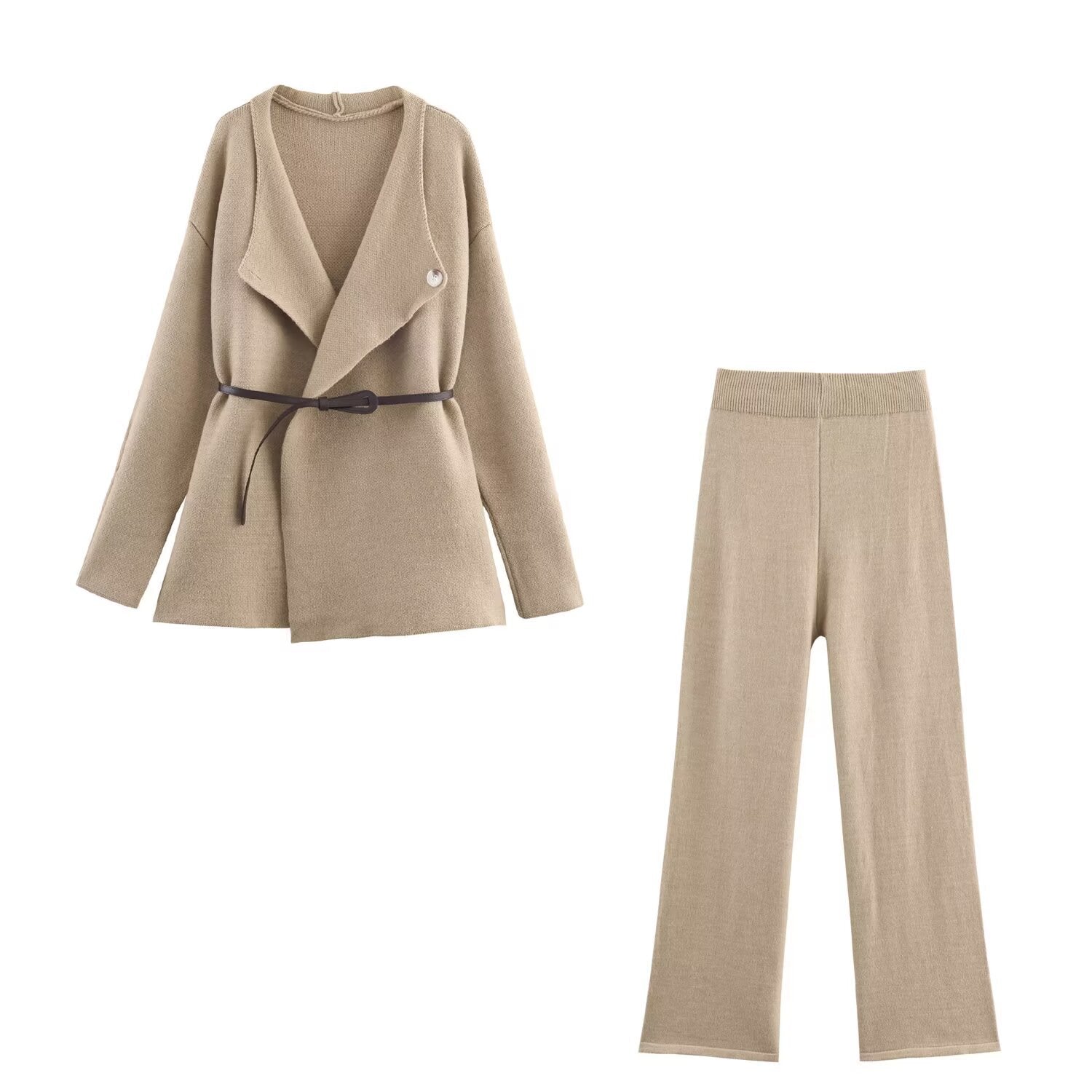 Solid color woolen jacket+straight leg wide leg pants set