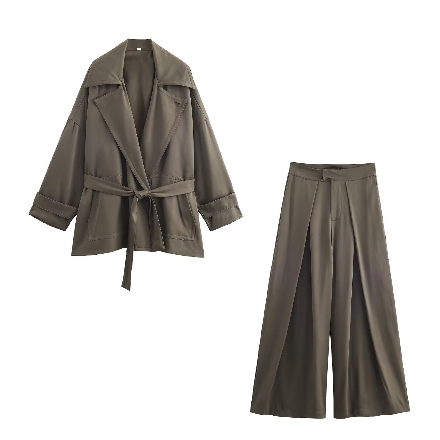 Style Women's Straight Leg Belted Flowing Trench Coat Mid-Waist Pleated Long Pants